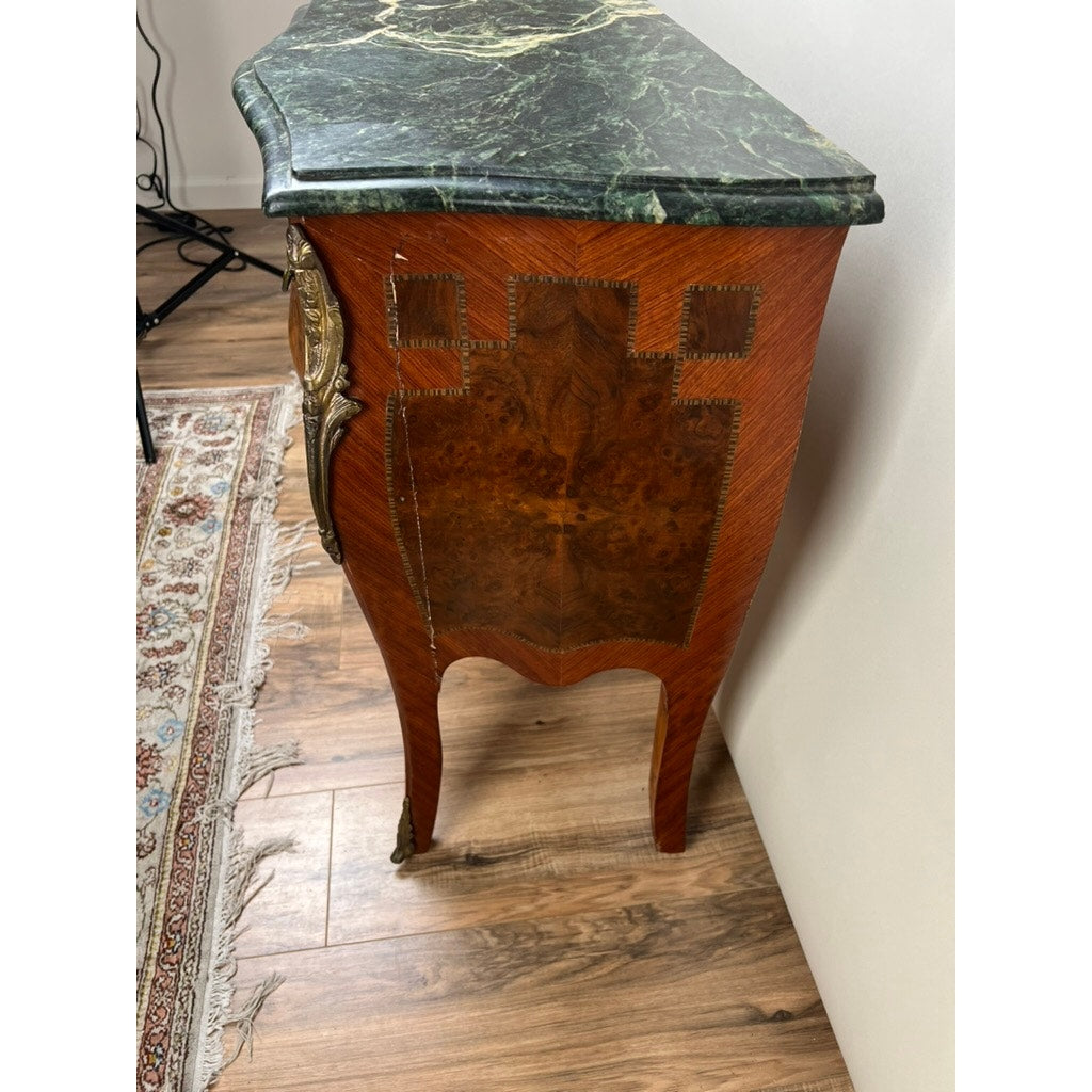 Small Vintage Mahogany Louis XVI Style Two Drawer Bombe Marble Top Commode c. 1940