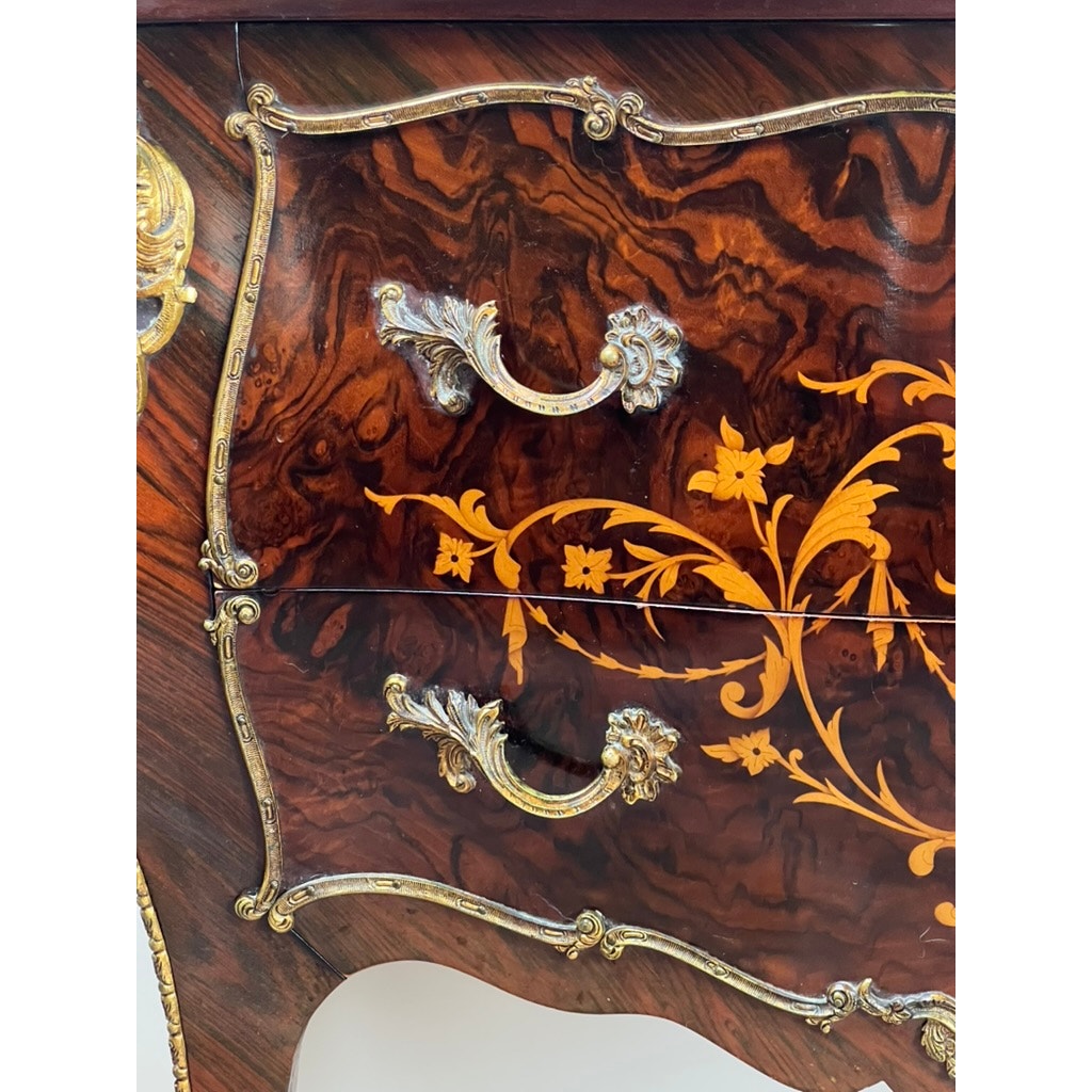 Vintage Louis XV Style Ormolu Mounted Rosewood and Pink Marble Commode