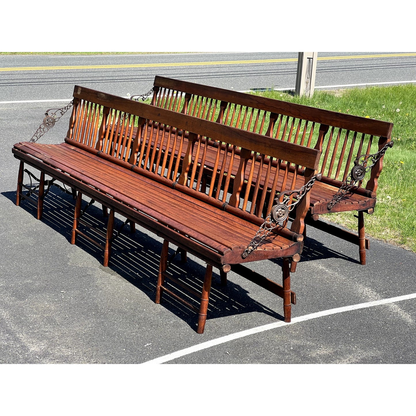 Pair Antique Chestnut Folding Railroad Benches c. Late 19th Century