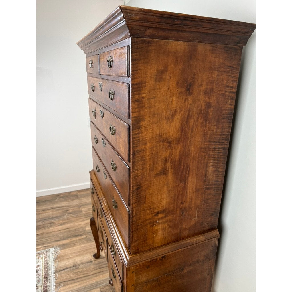 Antique 18th Century New England Maple Queen Anne Cornice Top Highboy with Slipper Feet