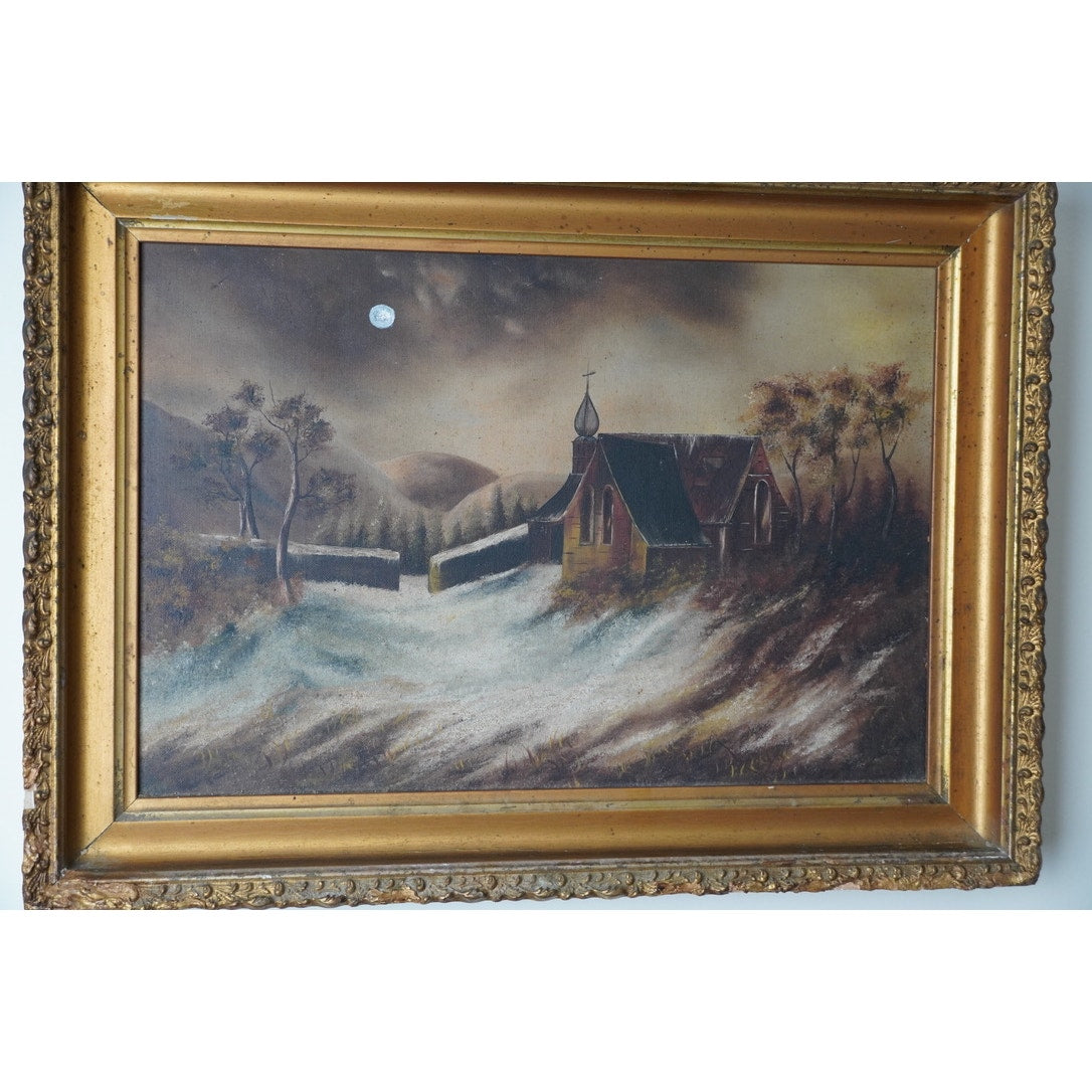 Antique Oil on Canvas “St. Theobalds Chapel” by Edna M. Austin, March 1892 Signed En Verso