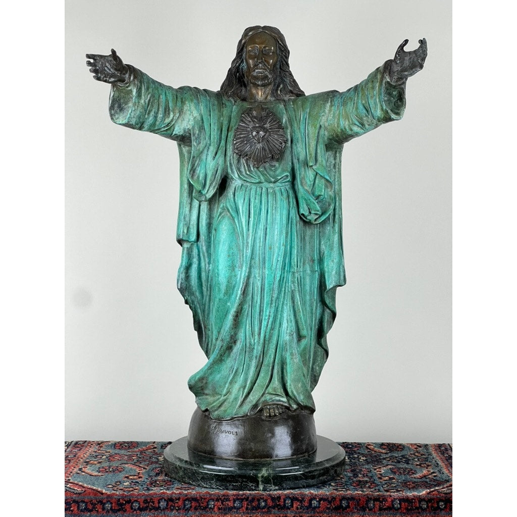 Vintage Patinated Bronze Sculpture “Sacred Heart” signed P. Duvois 27"h