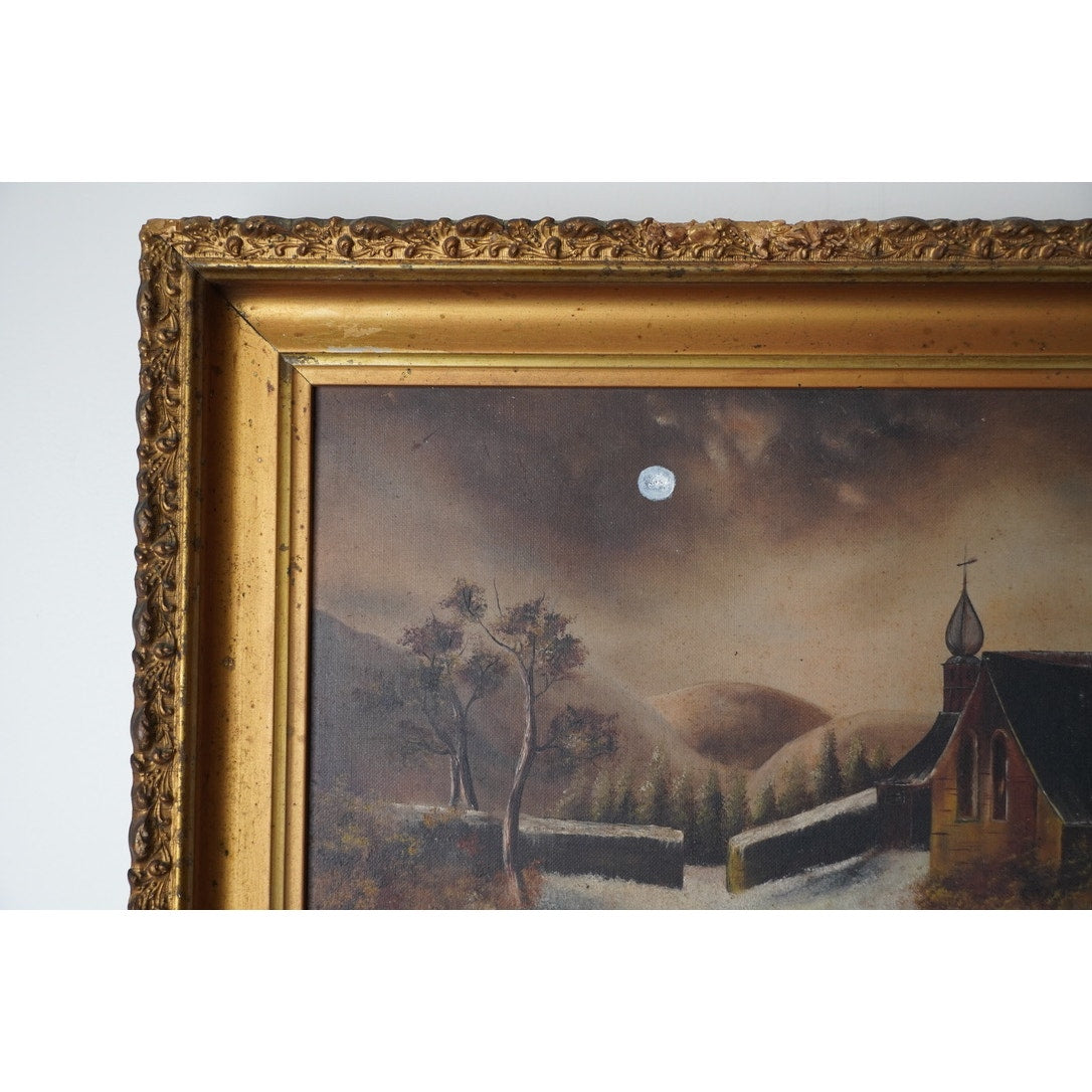 Antique Oil on Canvas “St. Theobalds Chapel” by Edna M. Austin, March 1892 Signed En Verso