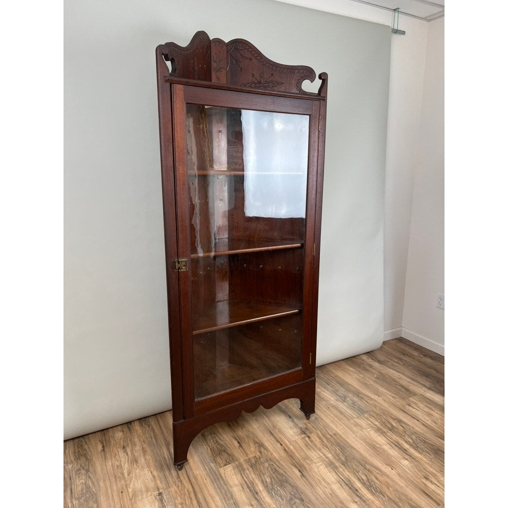 Antique Arts and Crafts Walnut Glass Door Corner Cabinet c. 1910