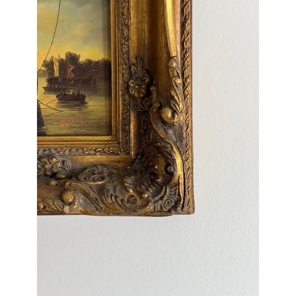 Vintage Oil on Board of French Harbor Scene Signed Fandent
