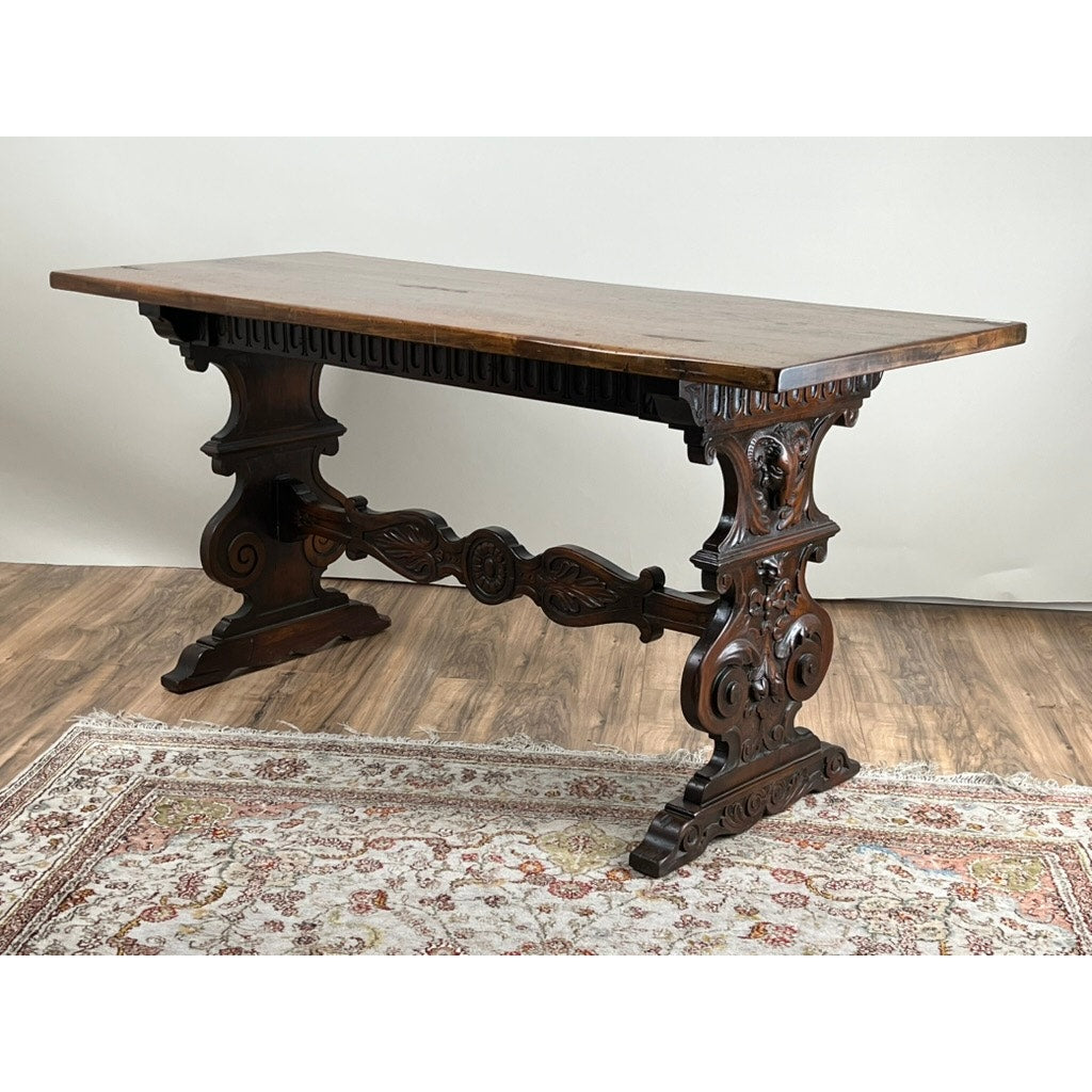 Antique Italian Renaissance Revival Walnut Trestle Console Table c. Late 19th Century
