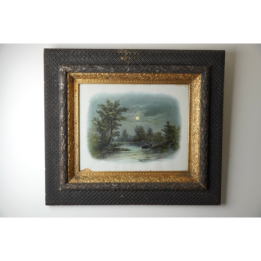 Antique Victorian Art Print “Boating by Moonlight” by William Henry Chandler dated 1893