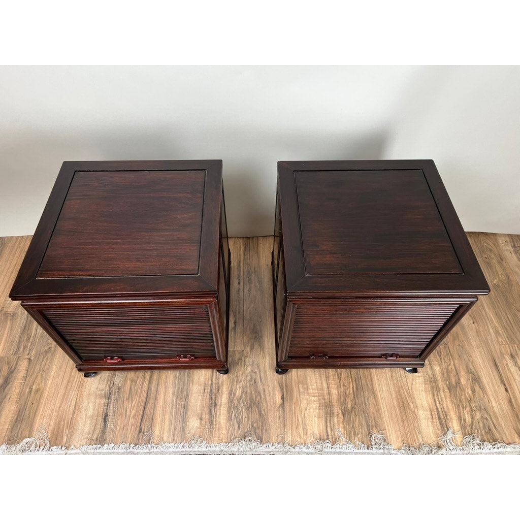 Vintage Pair Solid Rosewood Chinese Tambour Four Drawer End Tables
