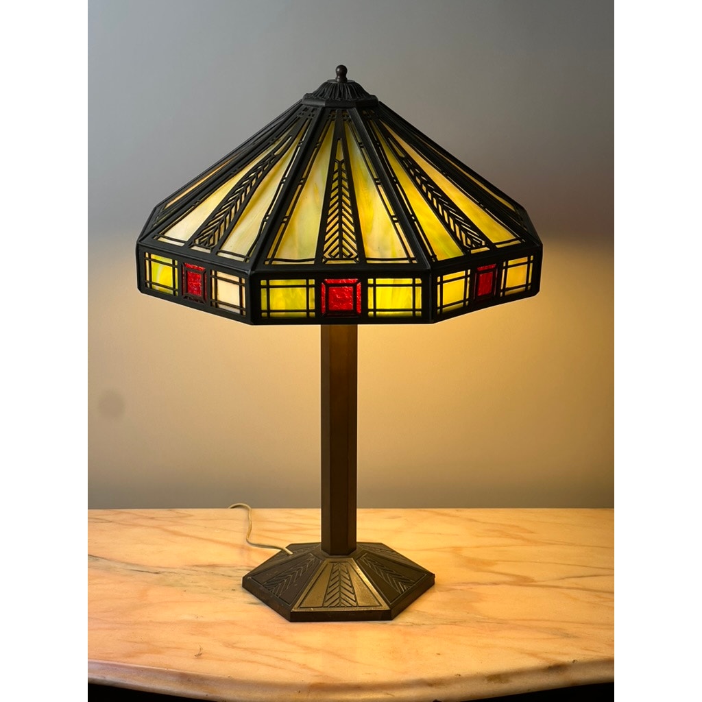 Antique Bradley & Hubbard Arts & Crafts Prairie School Slag Glass Lamp