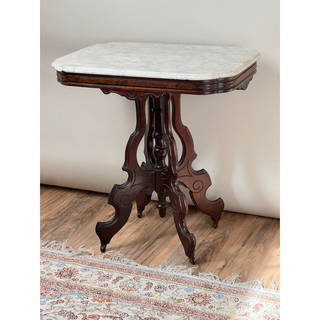 Antique Victorian Black Walnut Rococo Revival Marble Top Table c. 1860