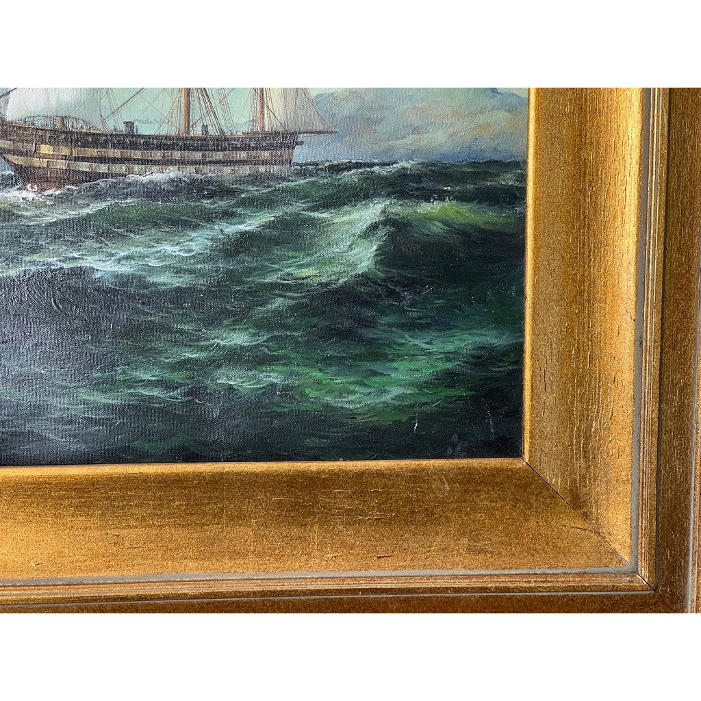 Oil on Canvas Painting of French Man-o-War in Gilt Frame, Unsigned