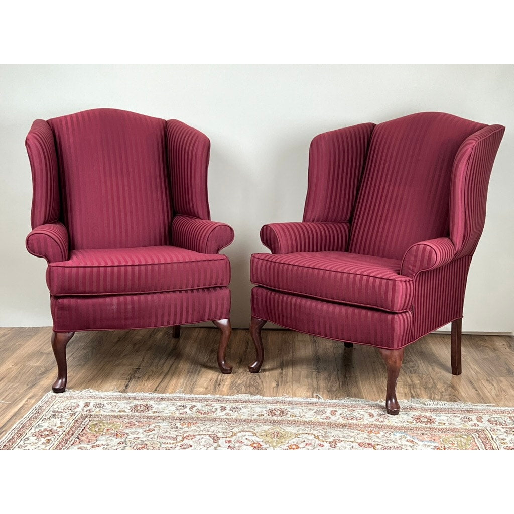 Vintage Pair Burgandy Wing Back Chairs by Hamilton House