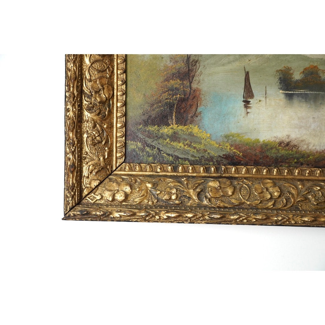 Antique Victorian Oil on Board Painting of Lake Scene with a Sailboat Unsigned c. Late 19th Century