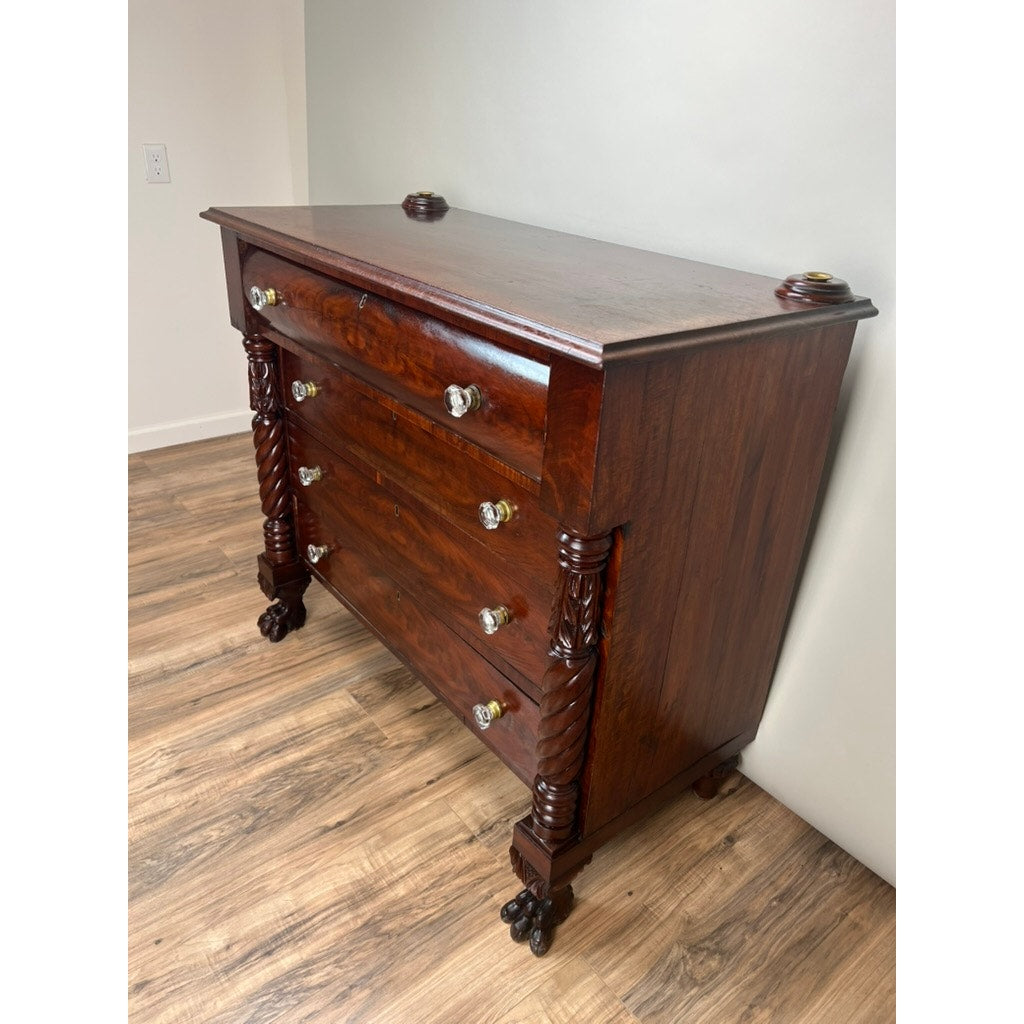 Antique Late Federal Period Flame Mahogany Paw Foot Four Drawer Chest c. 1840