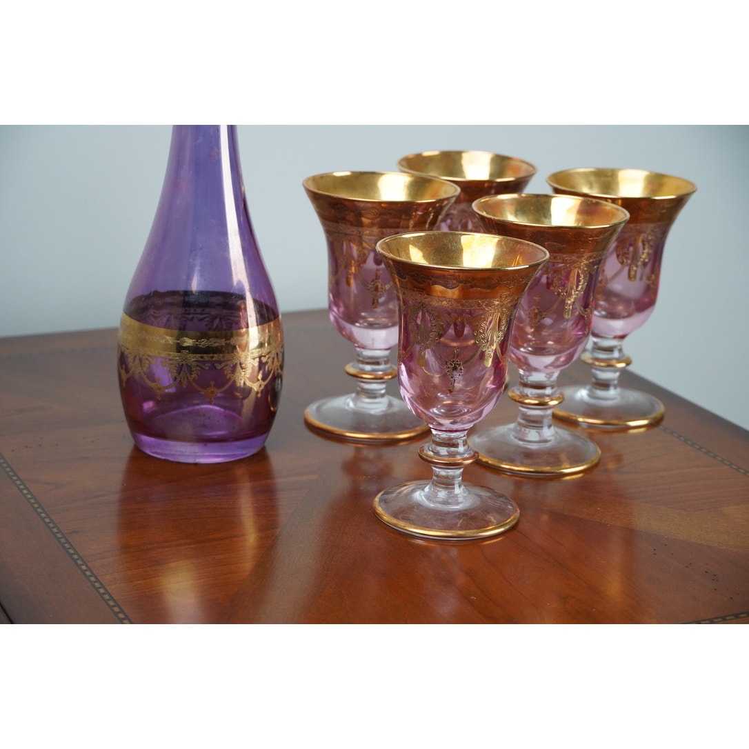 Vintage Six Piece Italian Amethyst Glass Decanter Set with 22k Gold Accents c. 1960