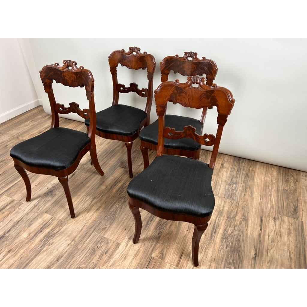 Antique Suite of Four Empire Flame Mahogany Saber Leg Chairs c. 1840 Signed by the Maker