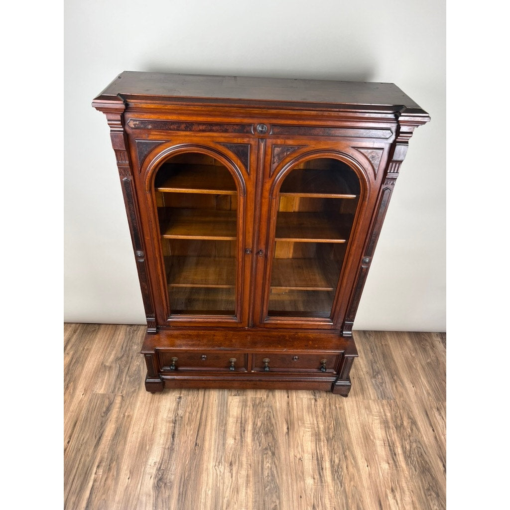 Antique Victorian Walnut and Burl Glass Door Bookcase c. 1900