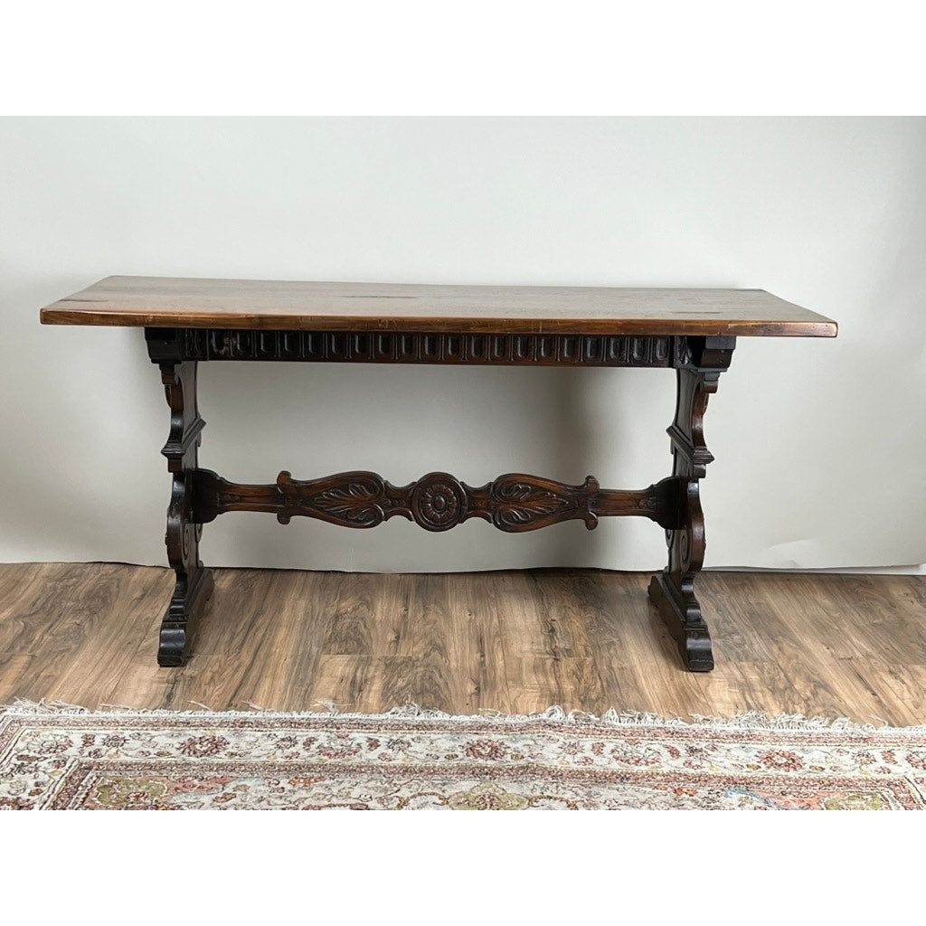 Antique Italian Renaissance Revival Walnut Trestle Console Table c. Late 19th Century