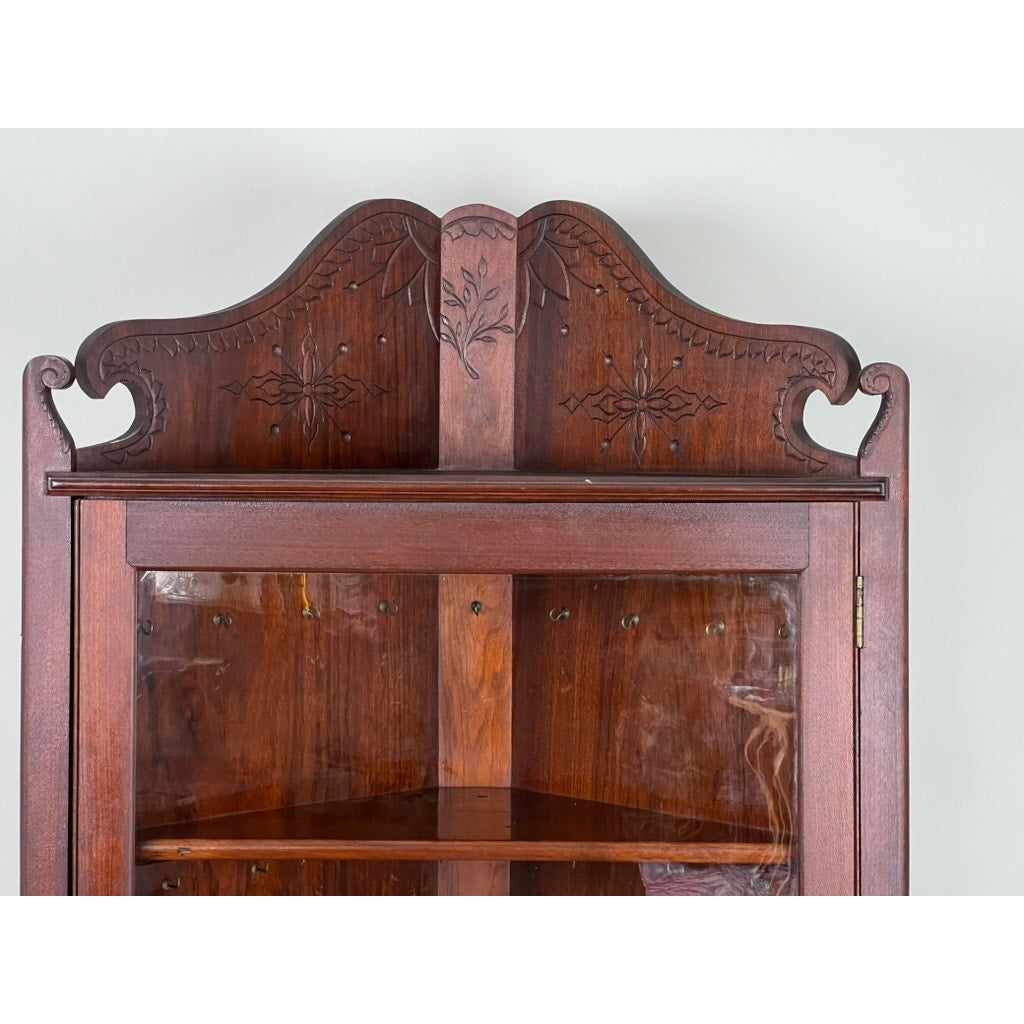 Antique Arts and Crafts Walnut Glass Door Corner Cabinet c. 1910