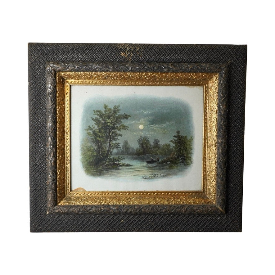 Antique Victorian Art Print “Boating by Moonlight” by William Henry Chandler dated 1893