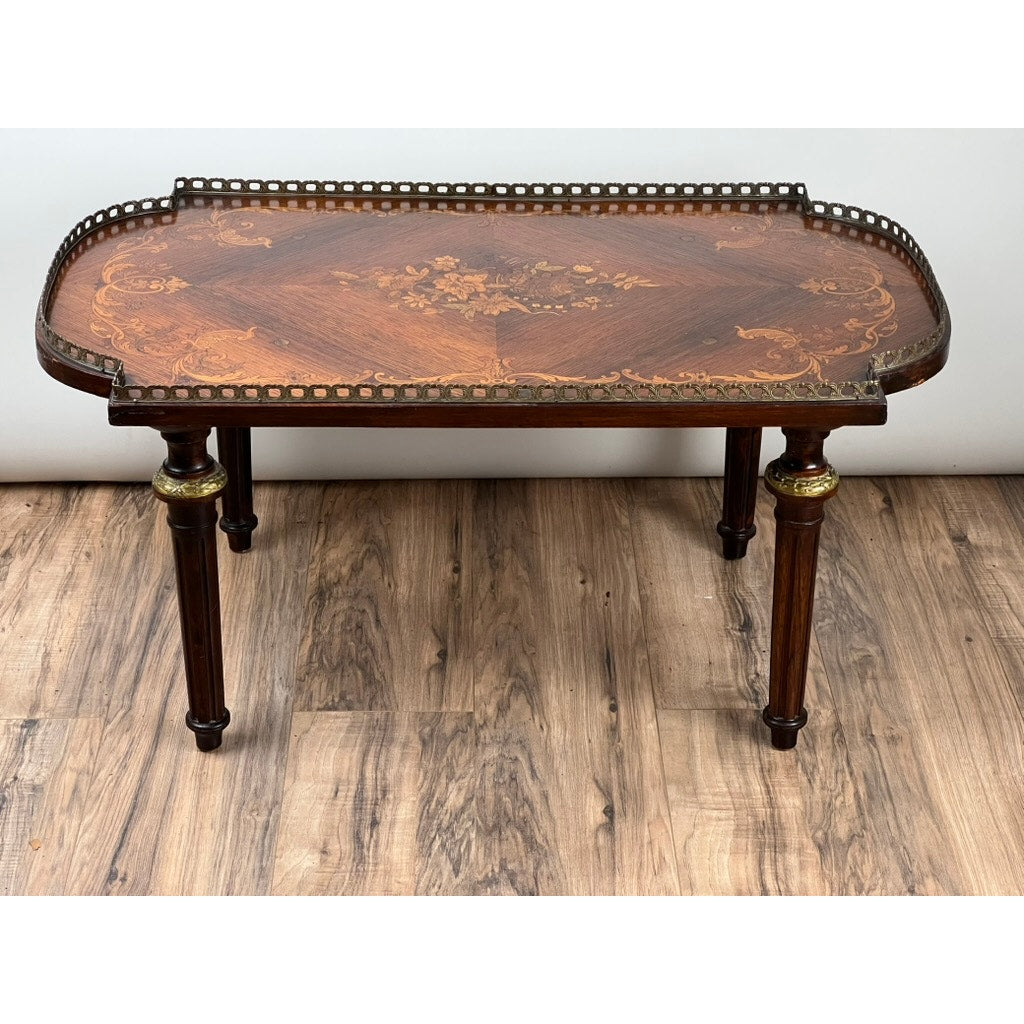 Antique Louis XVI style rosewood marquetry coffee table, c. late 19th century, elegant inlaid design.