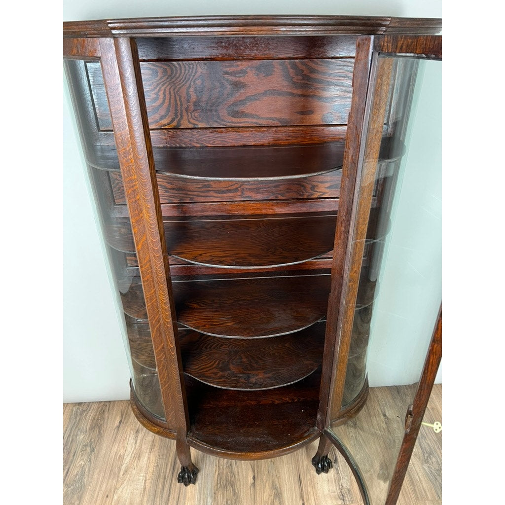 Antique Victorian Tiger Oak Paw Foot China Cabinet c. 1900