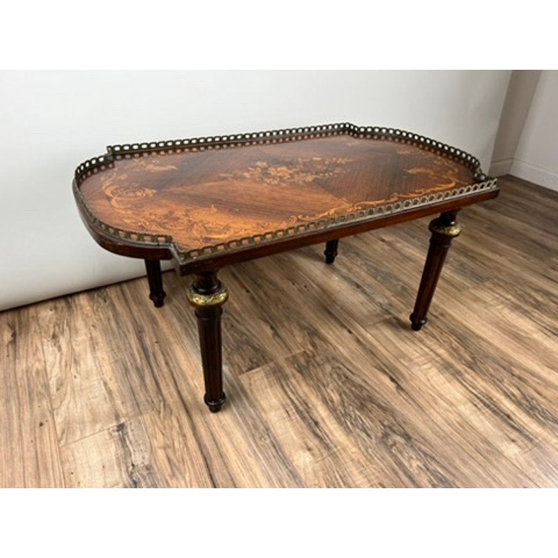 Antique Louis XVI style rosewood marquetry coffee table, c. late 19th century, elegant inlaid design.