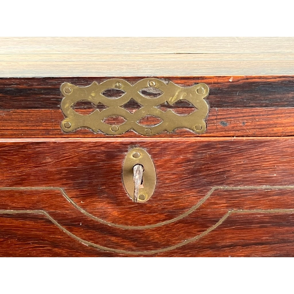 Antique English Teak Campaign Secretary with Brass Inlay and Banding Campaign Secretary c. Mid 19th Century