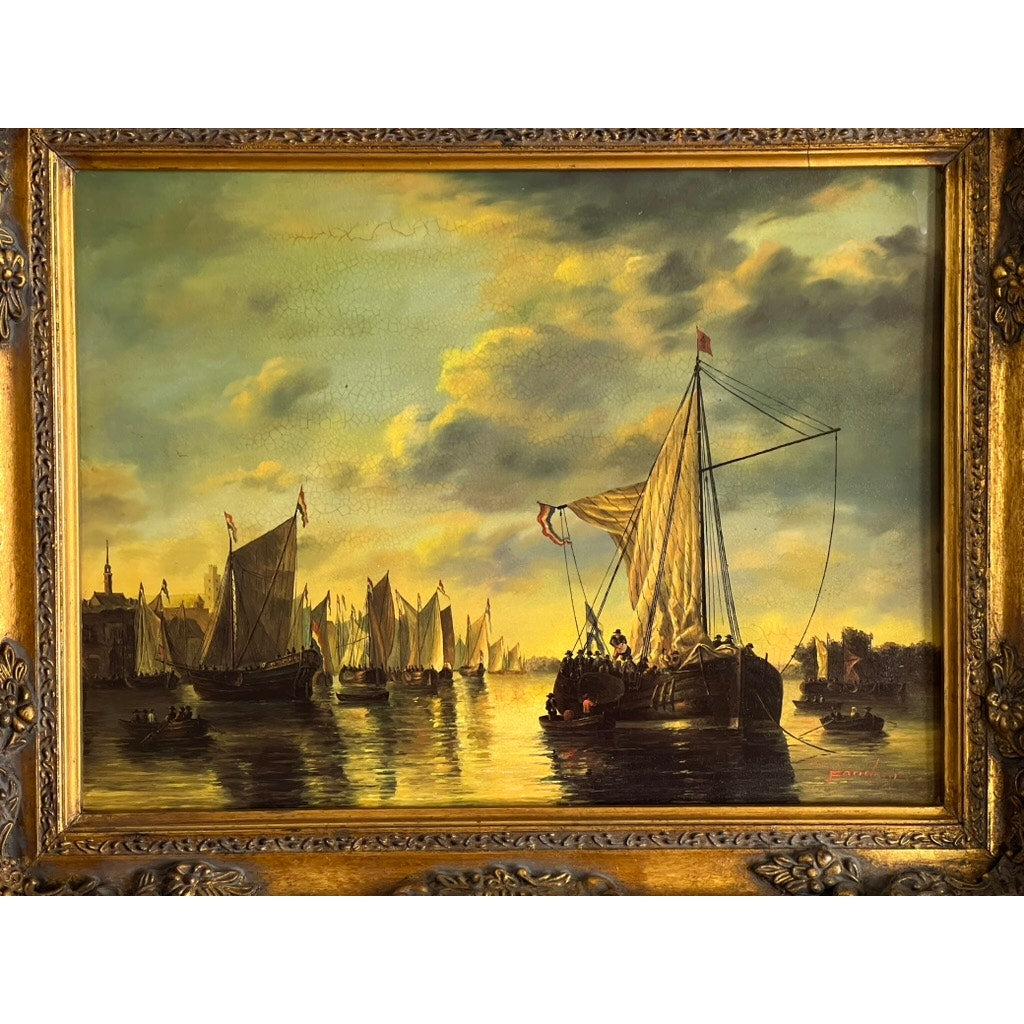 Vintage Oil on Board of French Harbor Scene Signed Fandent