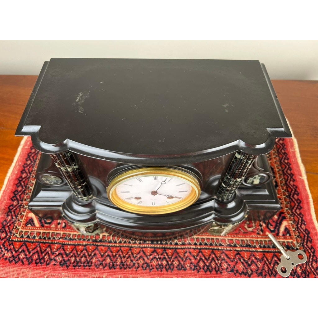 Antique Tiffany & Co. Carved Slate and Marble Mantle Clock Time and Strike c. Early 1900s