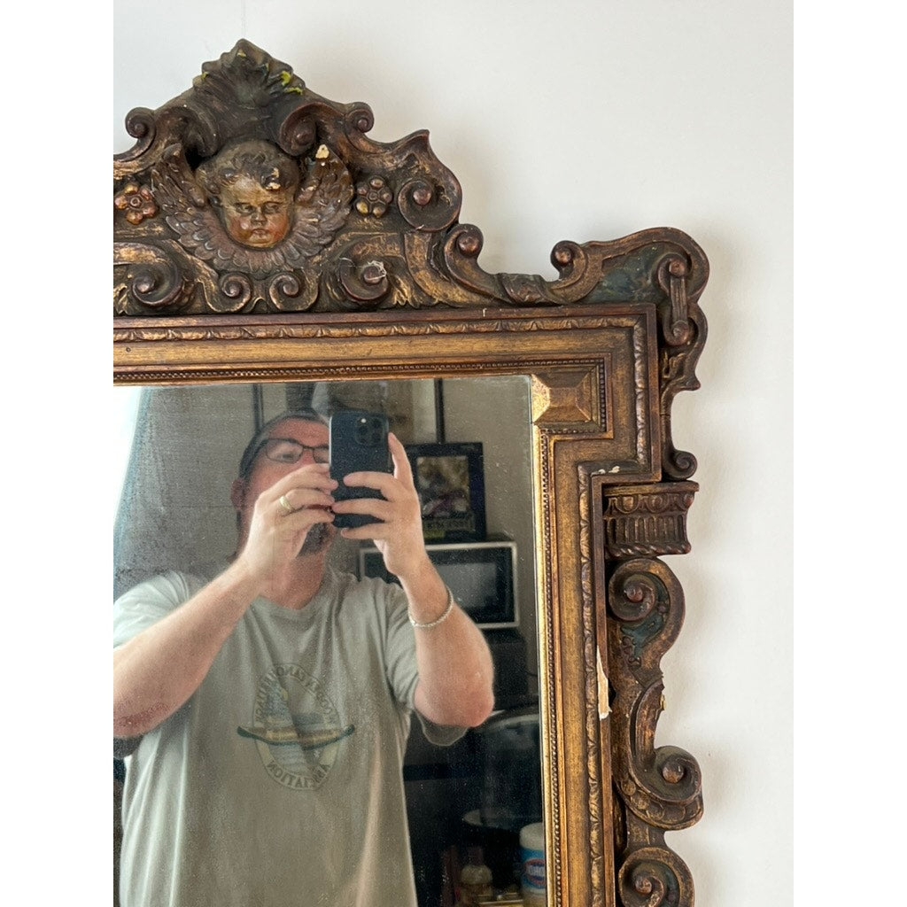 Antique Italian Regency Style Wall Mirror with Cherub Crest