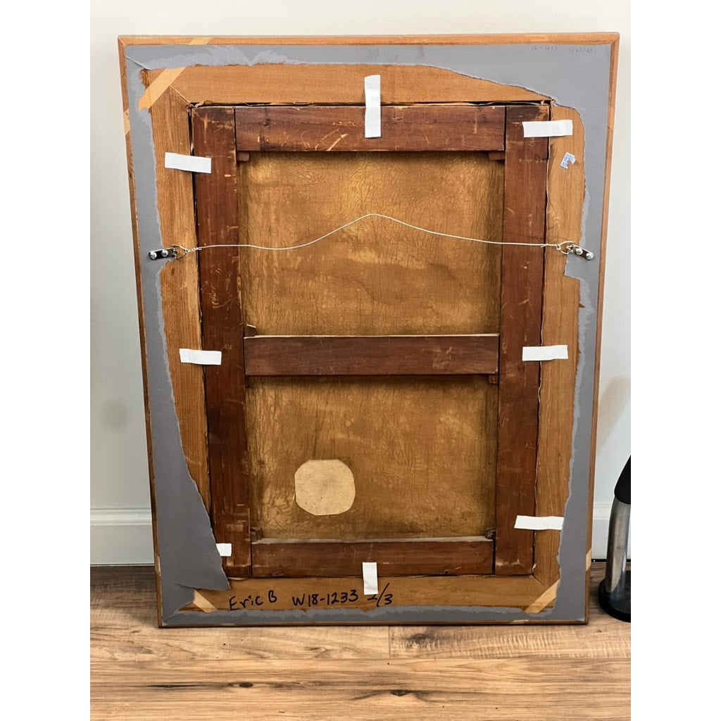 The back of the Antique Continental School Oil on Canvas Painting “Man and His Donkey on a Birch Lined Path” (Unsigned, late 19th c.) features a wooden stretcher, hanging wire, tape repairs, and handwriting: Eric B W18-1233 6/3.