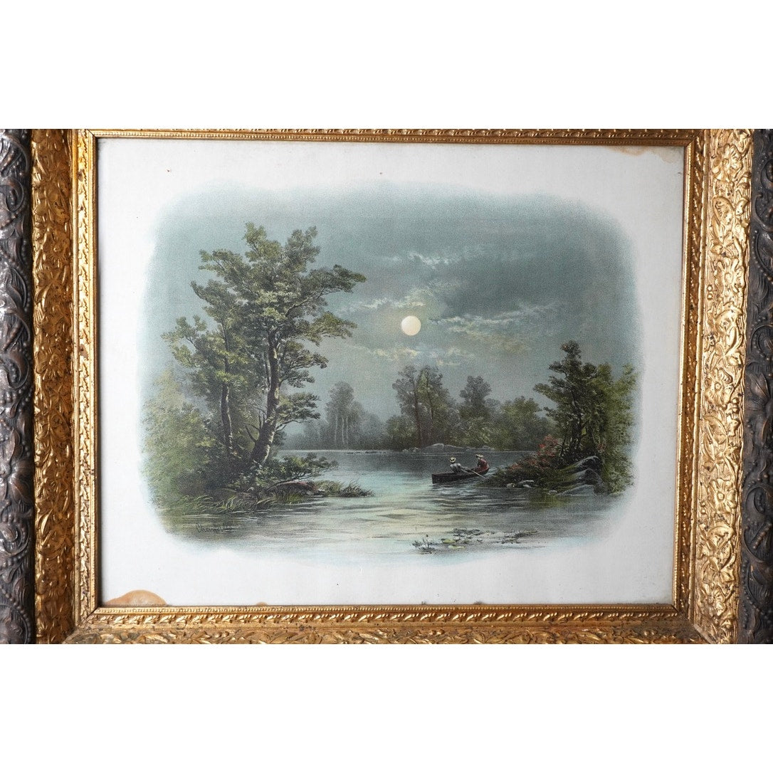 Antique Victorian Art Print “Boating by Moonlight” by William Henry Chandler dated 1893