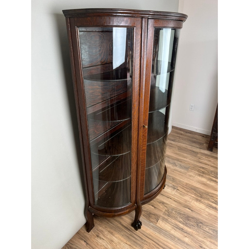Antique Victorian Tiger Oak Paw Foot China Cabinet c. 1900