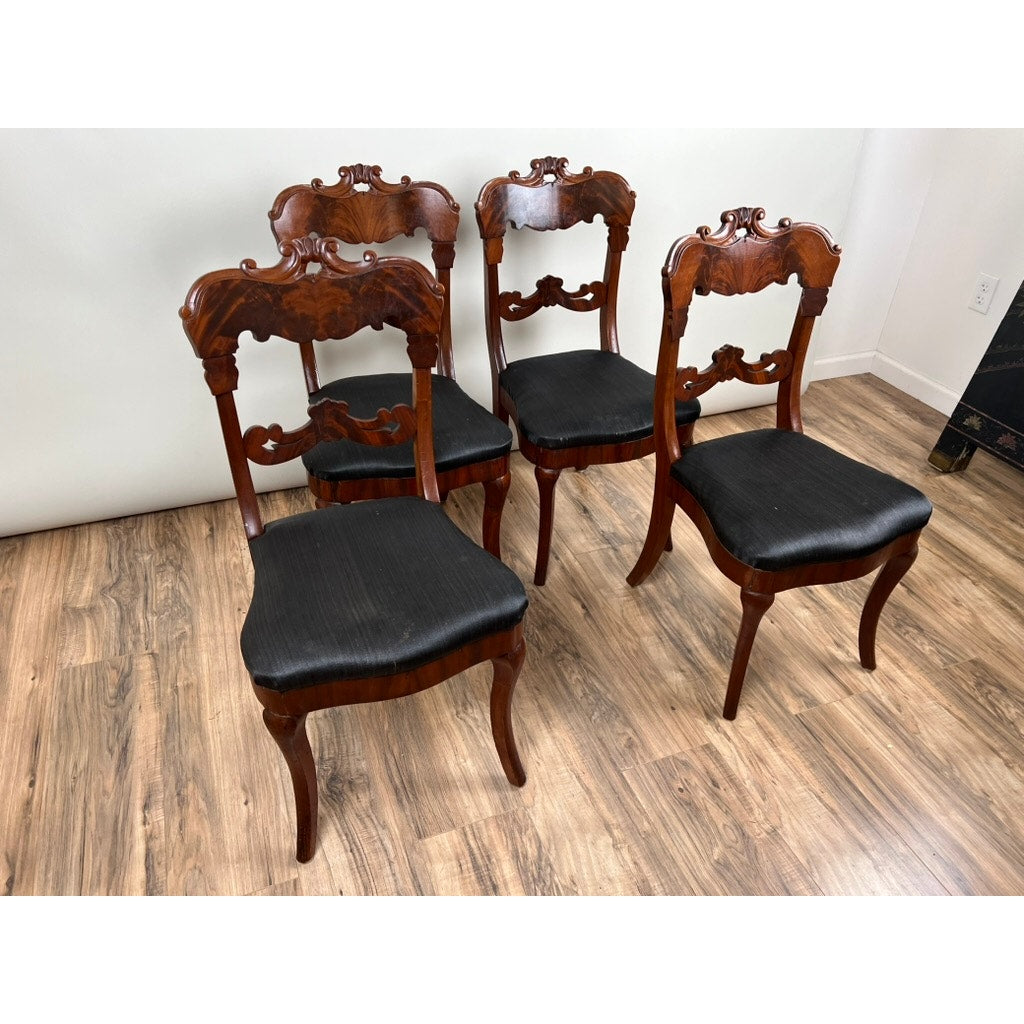 Antique Suite of Four Empire Flame Mahogany Saber Leg Chairs c. 1840 Signed by the Maker
