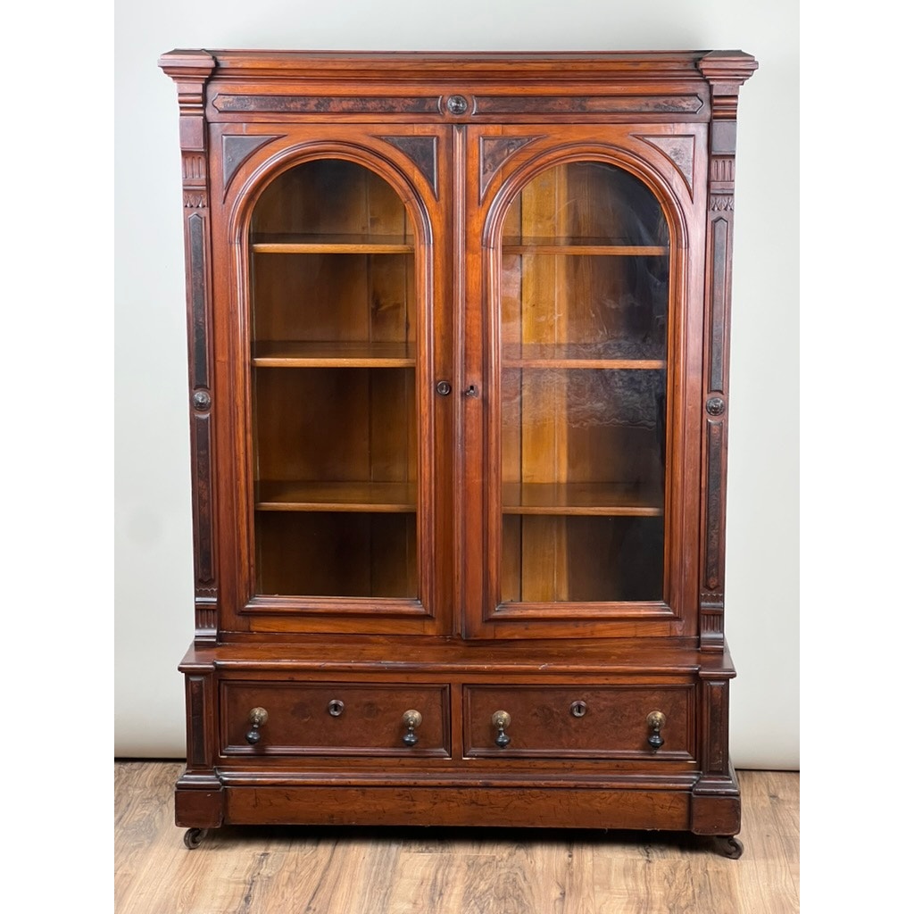 Antique Victorian Walnut and Burl Glass Door Bookcase c. 1900