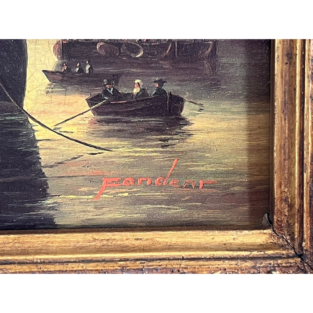 Vintage Oil on Board of French Harbor Scene Signed Fandent