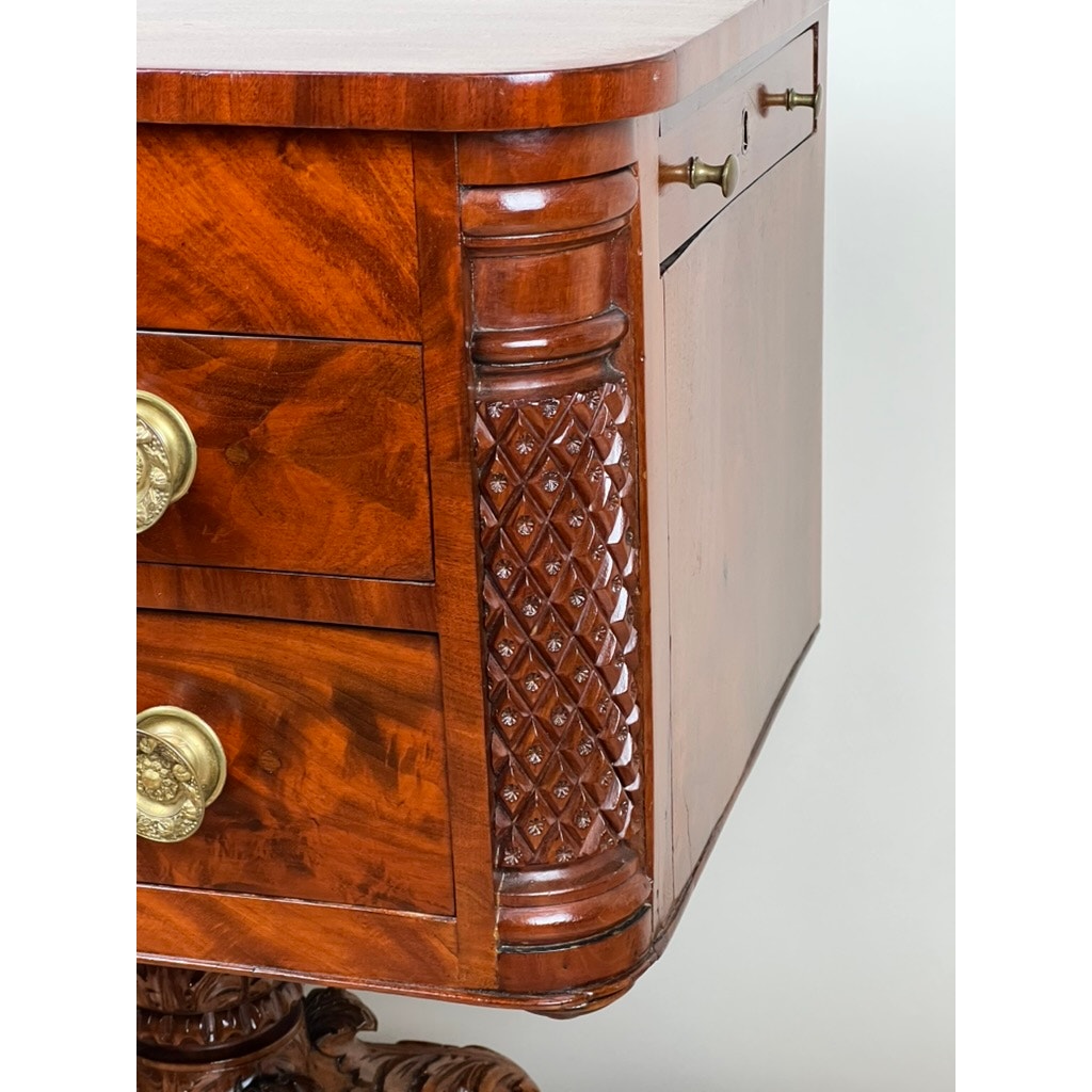 Antique Federal Period Mahogany Work Table with Pineapple Carved Pillars c. 1840