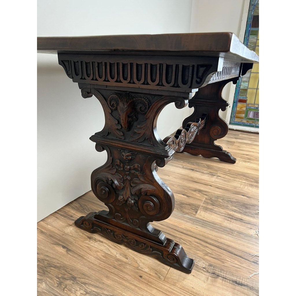 Antique Italian Renaissance Revival Walnut Trestle Console Table c. Late 19th Century