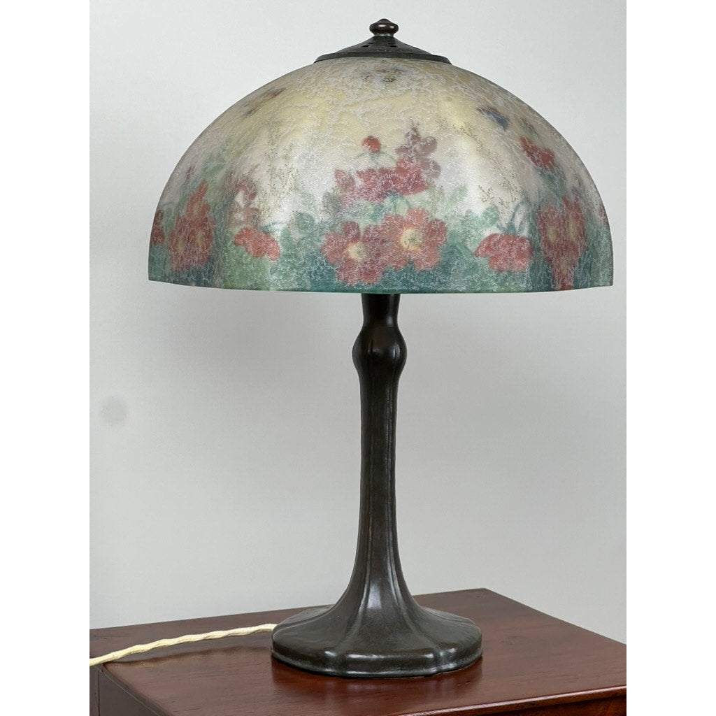 Antique Handel Reverse Painted Table Lamp with Flowers and Butterflies c. Early 20th Century