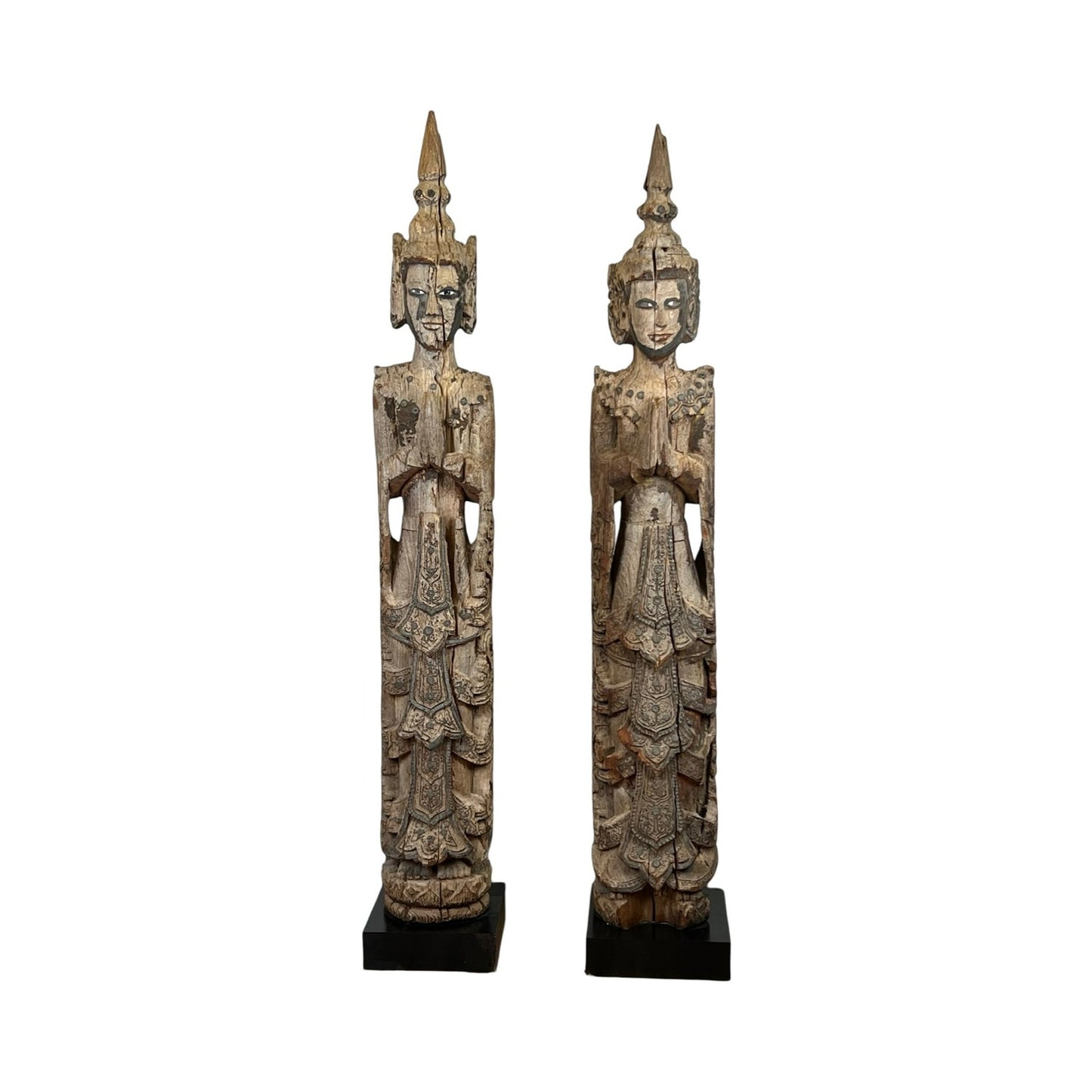 Antique Burmese Teak Monastic Attendants or Guardian Angels c. 19th Century