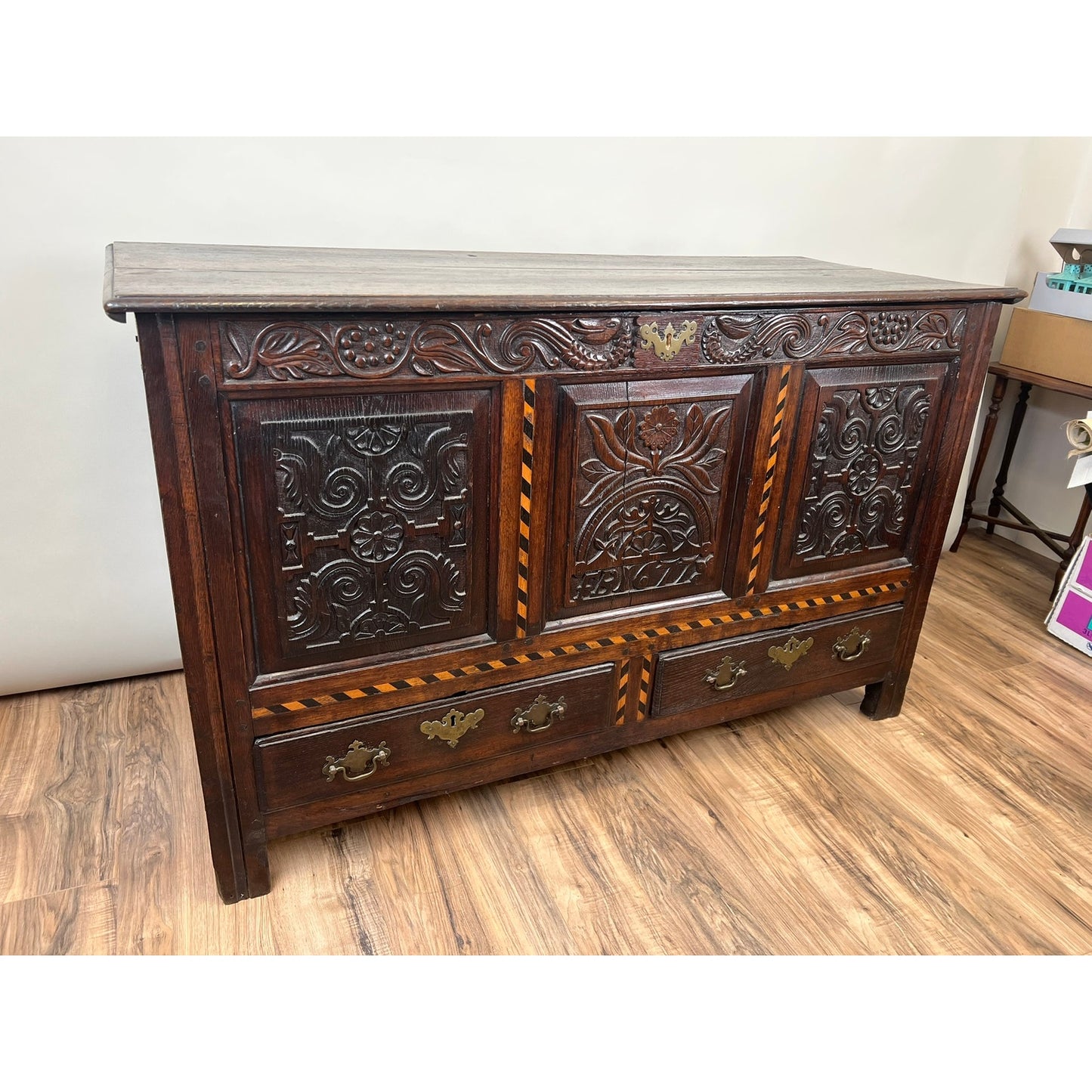 Antique English Oak Mule Chest with Barber Pole Inlay c. 1677