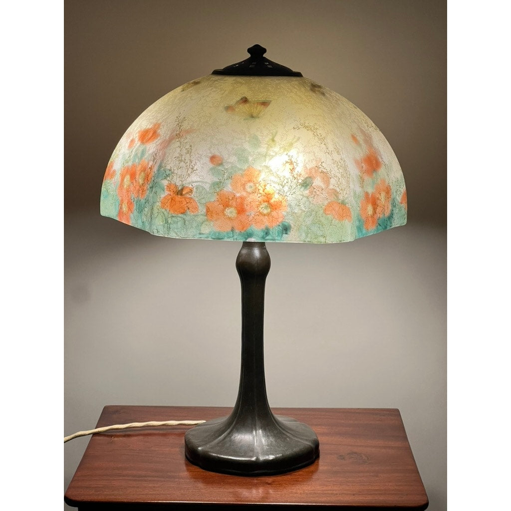 Antique Handel Reverse Painted Table Lamp with Flowers and Butterflies c. Early 20th Century
