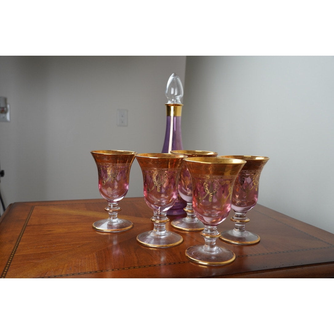 Vintage Six Piece Italian Amethyst Glass Decanter Set with 22k Gold Accents c. 1960
