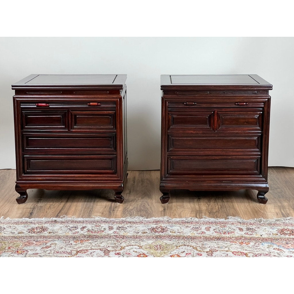 Vintage Pair Solid Rosewood Chinese Tambour Four Drawer End Tables
