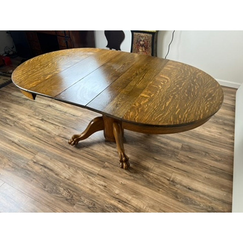 Vintage Tiger Oak Paw Foot Dining Table with Three Leaves c. 1940