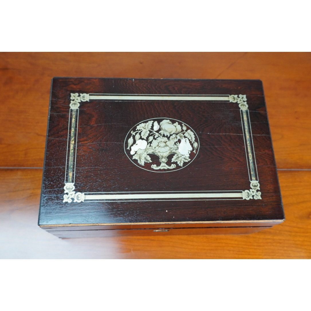 Antique Napoleon III Rosewood Lap Desk with Brass and Mother of Pearl Inlay