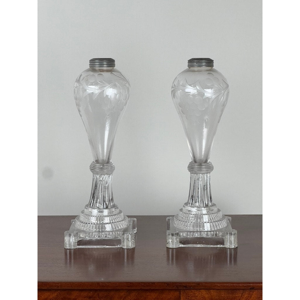 Pair Antique Sandwich Glass Whale Oil Lamps c. 1820