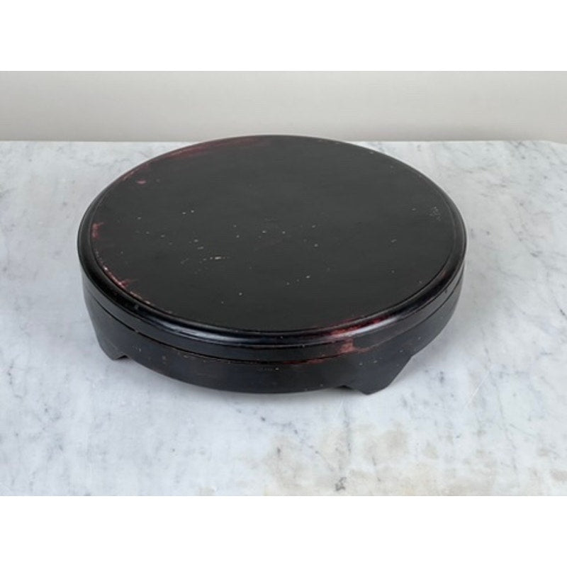 A Vintage Chinese Canton Sweet Meat Set with Case (early 20th century), unbranded, displayed on a black wooden stand with short feet and a raised edge; ideal for showcasing antiques and shows subtle signs of wear.