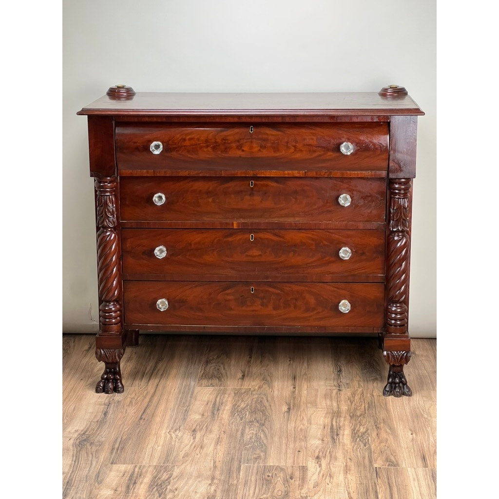 Antique Late Federal Period Flame Mahogany Paw Foot Four Drawer Chest c. 1840